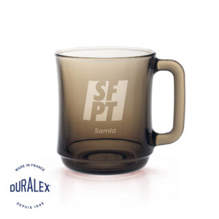 Tasse fumée Duralex Lys 31 cl coloris sépia avec gravure laser dépolie pour cafés et bureaux.
