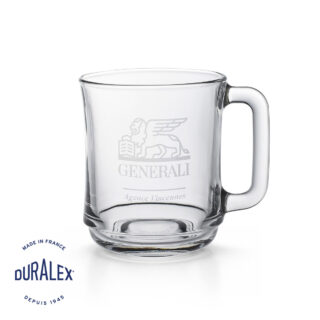 Mug transparent en verre trempé Duralex Lys 31 cl personnalisé par gravure laser dépolie.