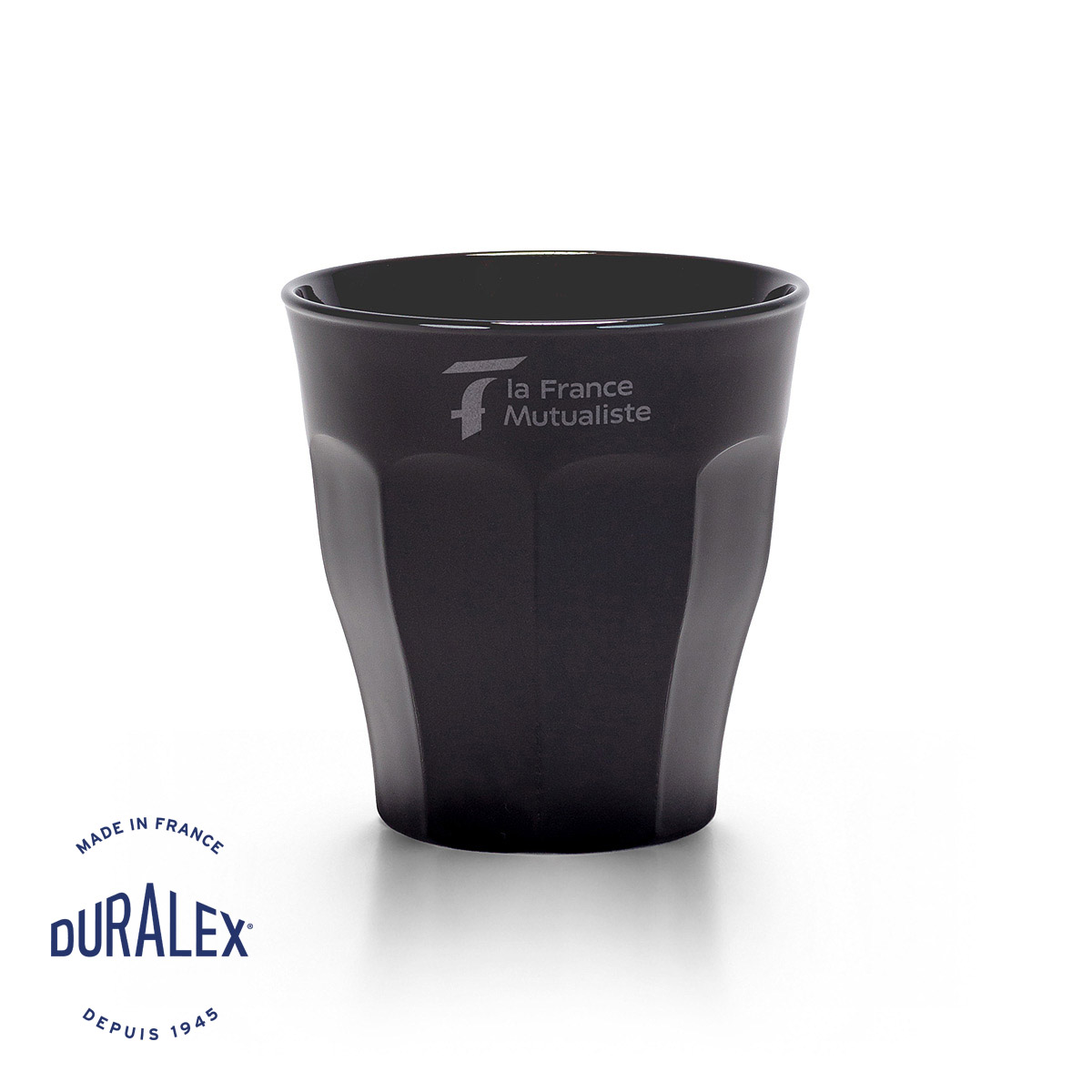 Verre Duralex Picardie 25 cl noir gravé au laser, objet de communication haut de gamme.