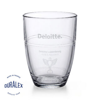 Verre transparent Duralex Gigogne 36 cl personnalisé par gravure laser givrée pour entreprise.