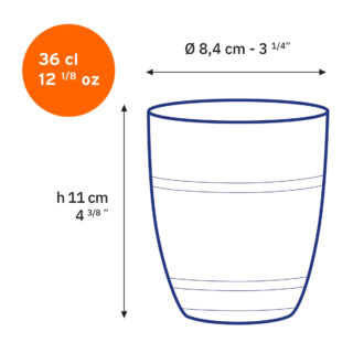 Schéma technique indiquant les dimensions du verre Duralex Gigogne 36 cl avec une hauteur de 11 cm et un diamètre de 8,4 cm.