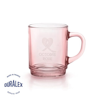 Mug Duralex Versailles rose 26 cl gravé Octobre Rose, personnalisable par gravure laser pour campagnes de sensibilisation.